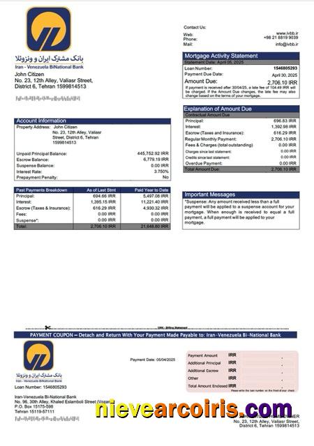 Iran-Venezuela Bi-National Bank mortgage statement Word and PDF template